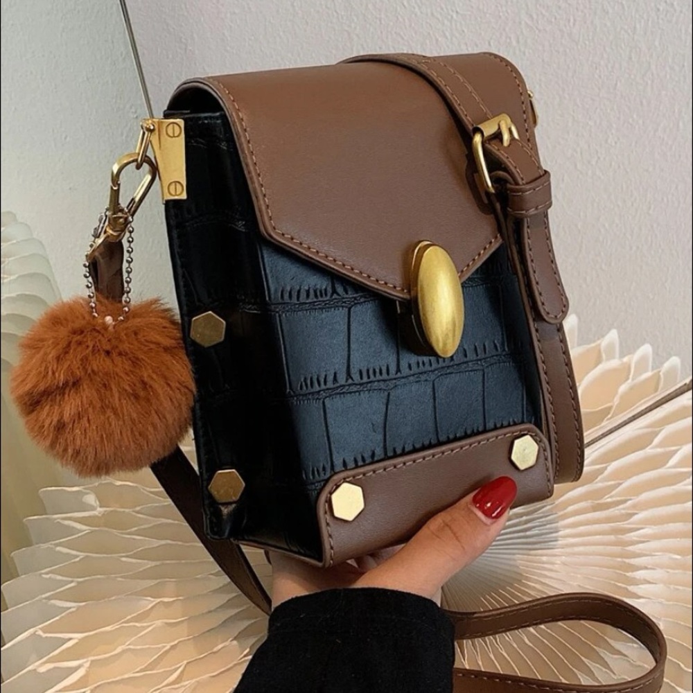 NEW INVENTORY 🔥Pom Pom Decor Croc Embossed Flap Box Bag🔥